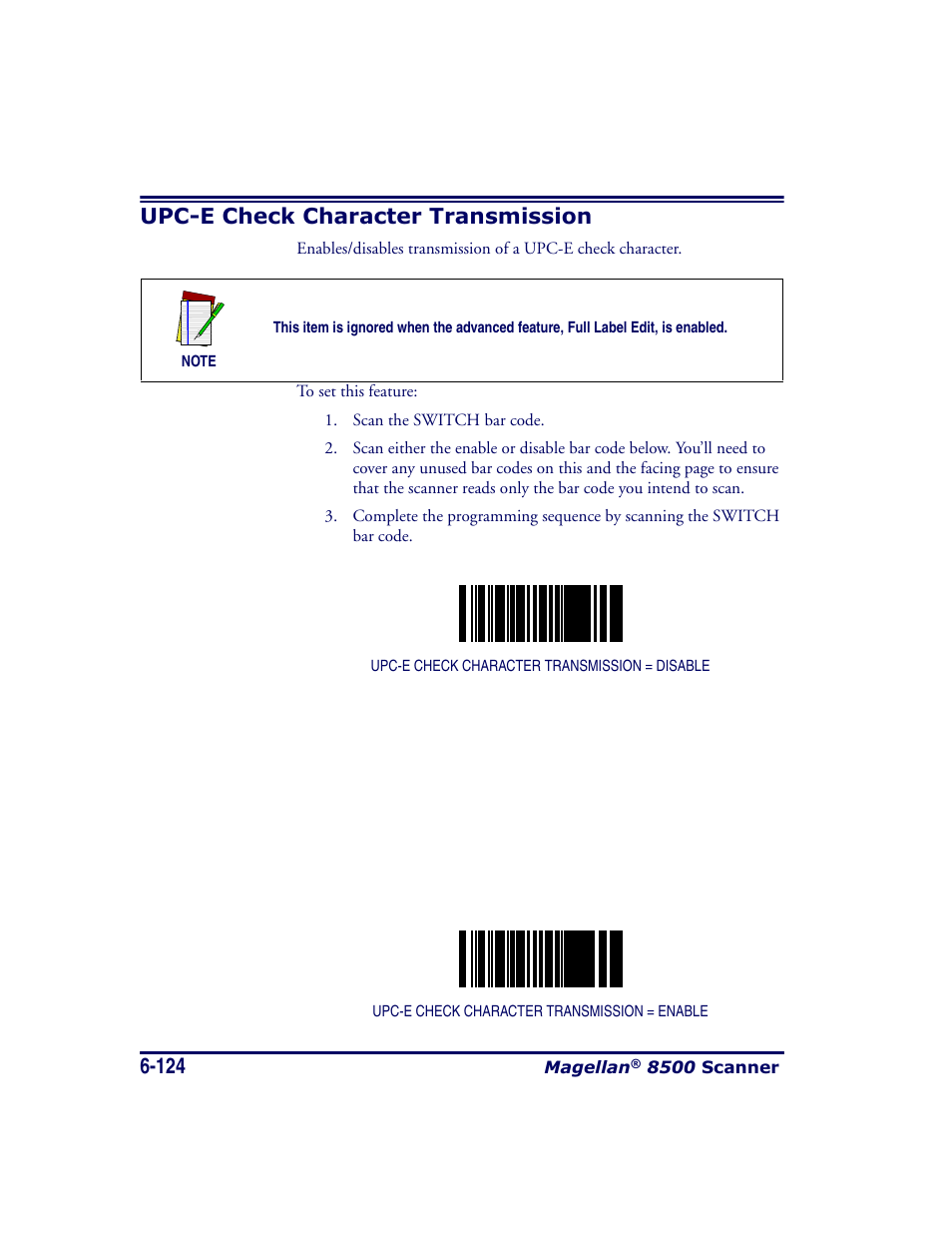 Upc-e check character transmission, Upc-e check character transmission -124 | Datalogic Scanning MAGELLAN 8500 User Manual | Page 230 / 436