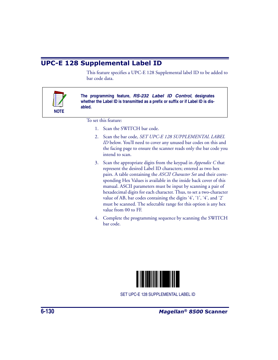 Upc-e 128 supplemental label id, Upc-e 128 supplemental label id -130 | Datalogic Scanning MAGELLAN 8500 User Manual | Page 236 / 436