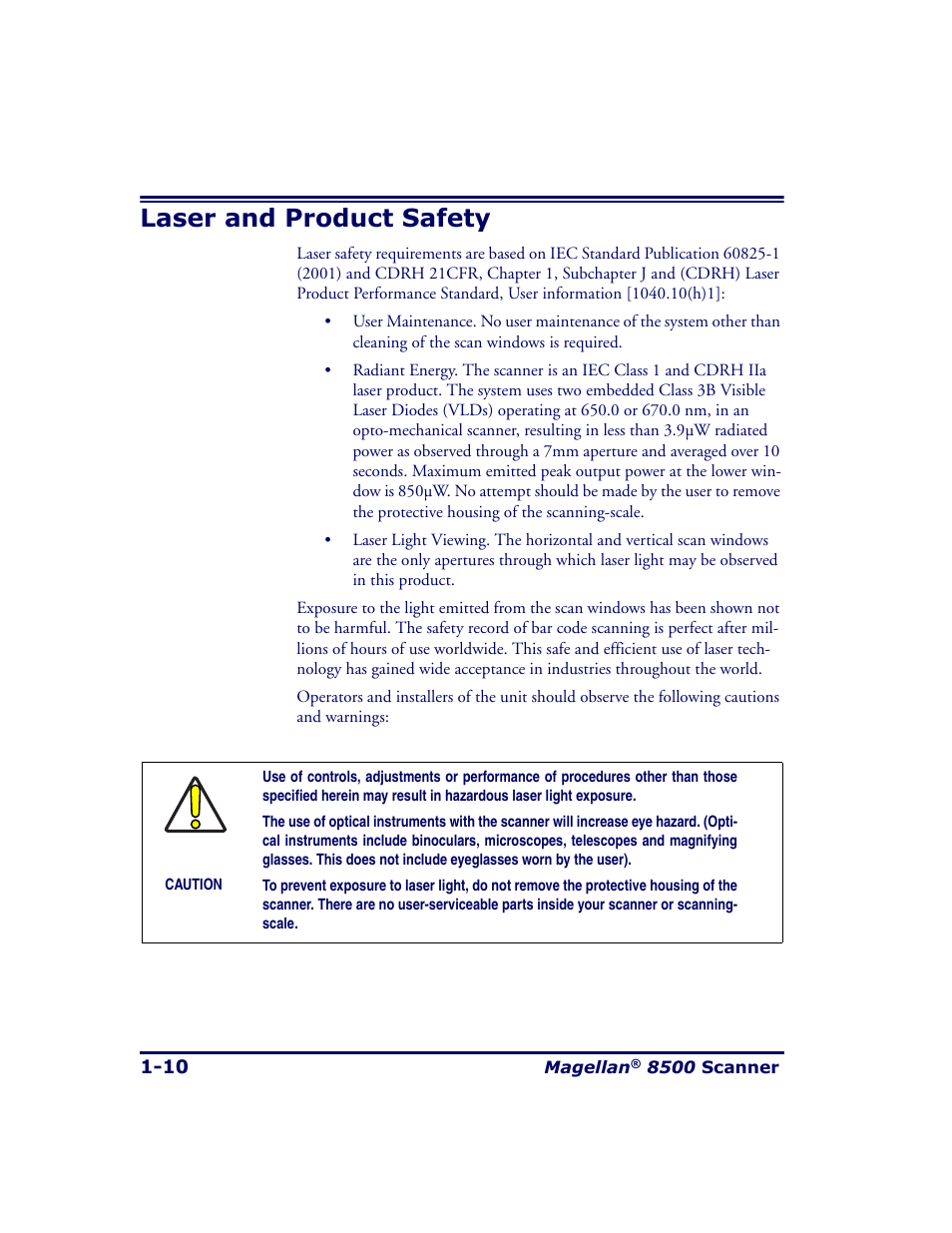 Laser and product safety, Laser and product safety -10 | Datalogic Scanning MAGELLAN 8500 User Manual | Page 24 / 436