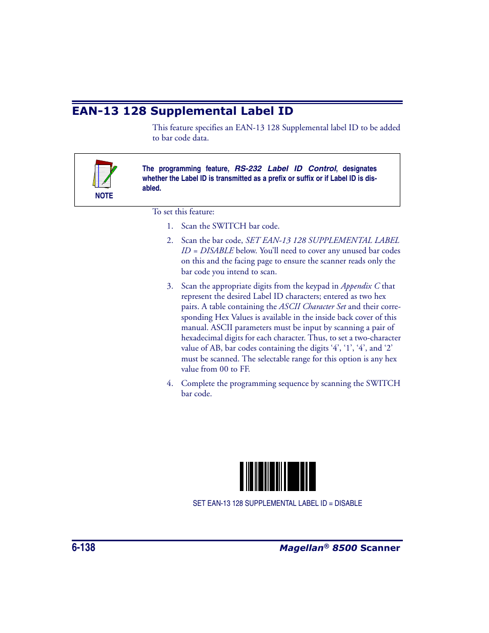 Ean-13 128 supplemental label id, Ean-13 128 supplemental label id -138 | Datalogic Scanning MAGELLAN 8500 User Manual | Page 244 / 436