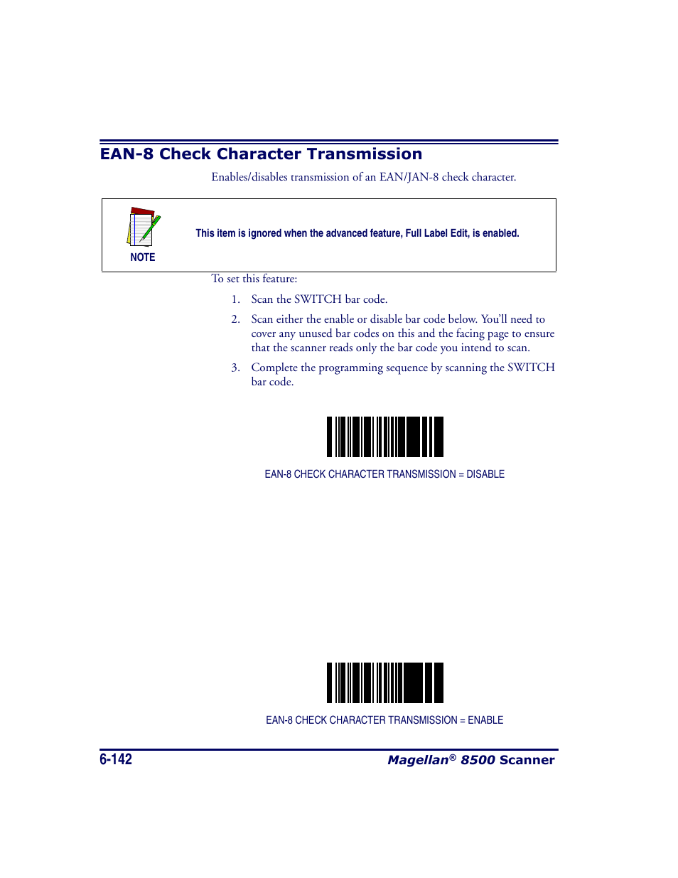 Ean-8 check character transmission, Ean-8 check character transmission -142 | Datalogic Scanning MAGELLAN 8500 User Manual | Page 248 / 436