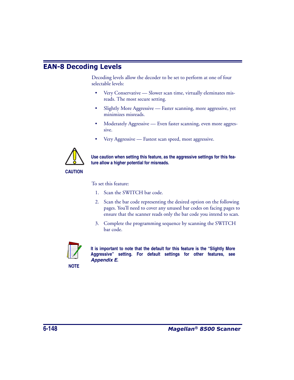 Ean-8 decoding levels, Ean-8 decoding levels -148 | Datalogic Scanning MAGELLAN 8500 User Manual | Page 254 / 436