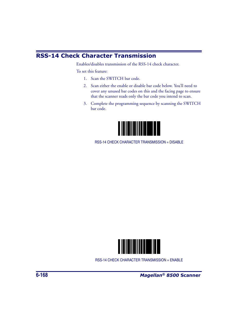 Rss-14 check character transmission, Rss-14 check character transmission -168 | Datalogic Scanning MAGELLAN 8500 User Manual | Page 274 / 436