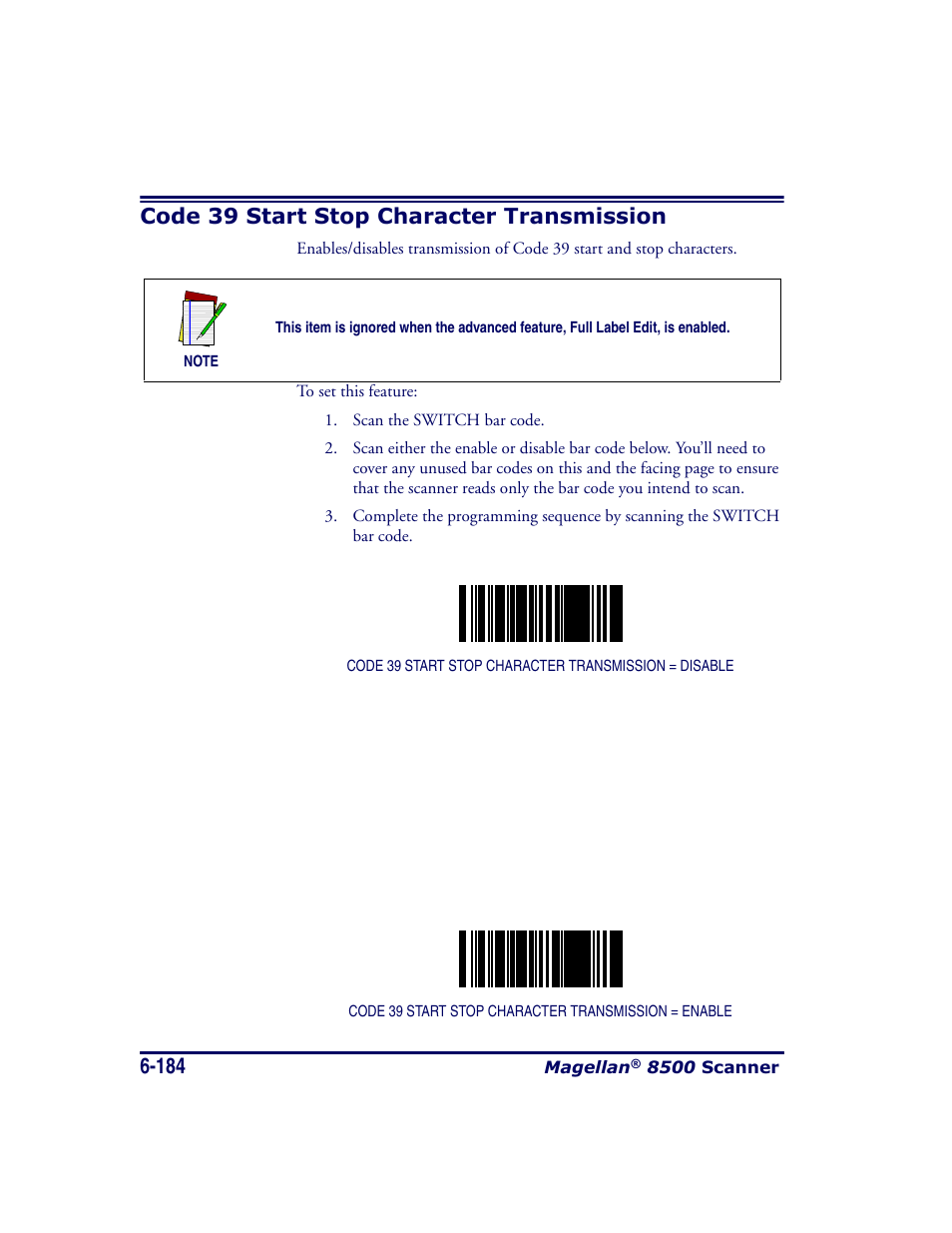 Code 39 start stop character transmission, Code 39 start stop character transmission -184 | Datalogic Scanning MAGELLAN 8500 User Manual | Page 290 / 436