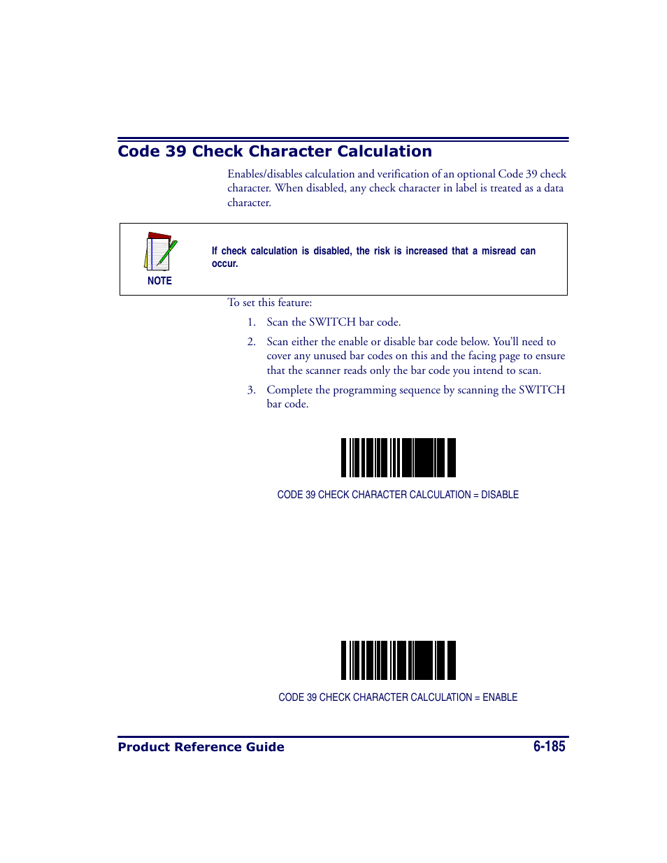 Code 39 check character calculation, Code 39 check character calculation -185 | Datalogic Scanning MAGELLAN 8500 User Manual | Page 291 / 436