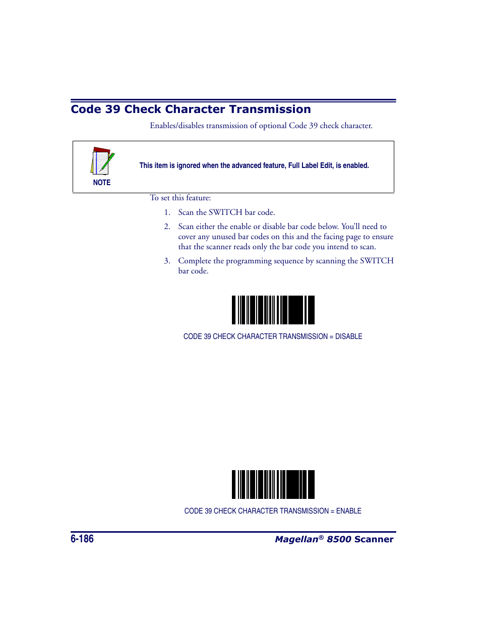 Code 39 check character transmission, Code 39 check character transmission -186 | Datalogic Scanning MAGELLAN 8500 User Manual | Page 292 / 436