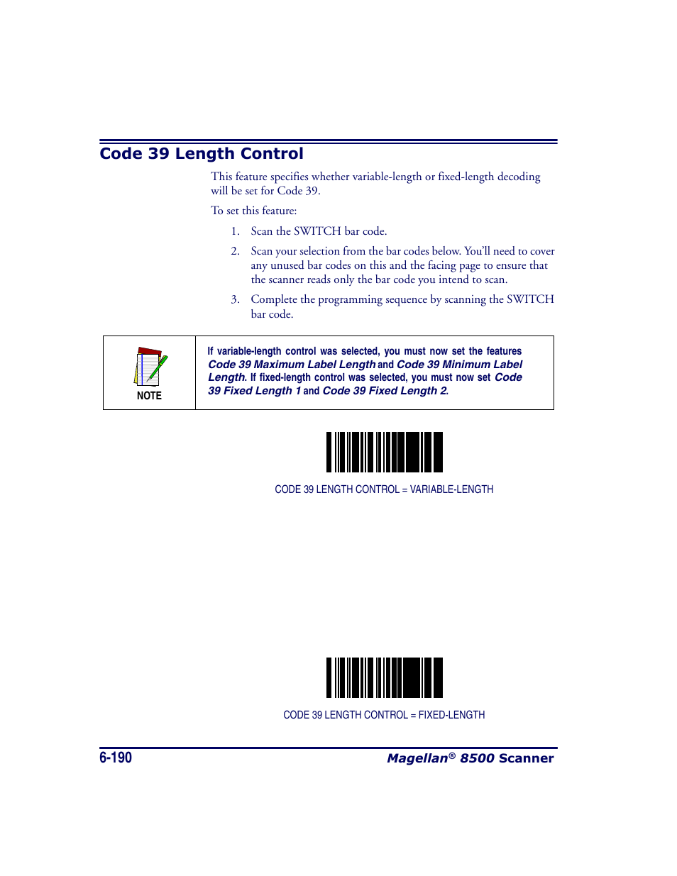 Code 39 length control, Code 39 length control -190 | Datalogic Scanning MAGELLAN 8500 User Manual | Page 296 / 436