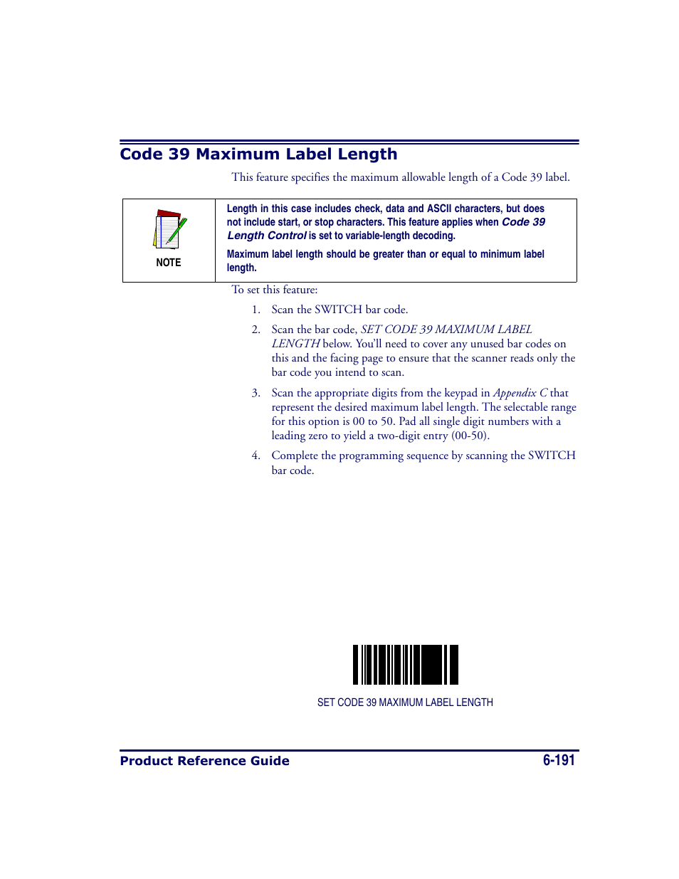 Code 39 maximum label length, Code 39 maximum label length -191 | Datalogic Scanning MAGELLAN 8500 User Manual | Page 297 / 436