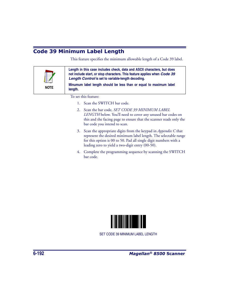 Code 39 minimum label length, Code 39 minimum label length -192, And code 39 minimum label length . if fix | Datalogic Scanning MAGELLAN 8500 User Manual | Page 298 / 436