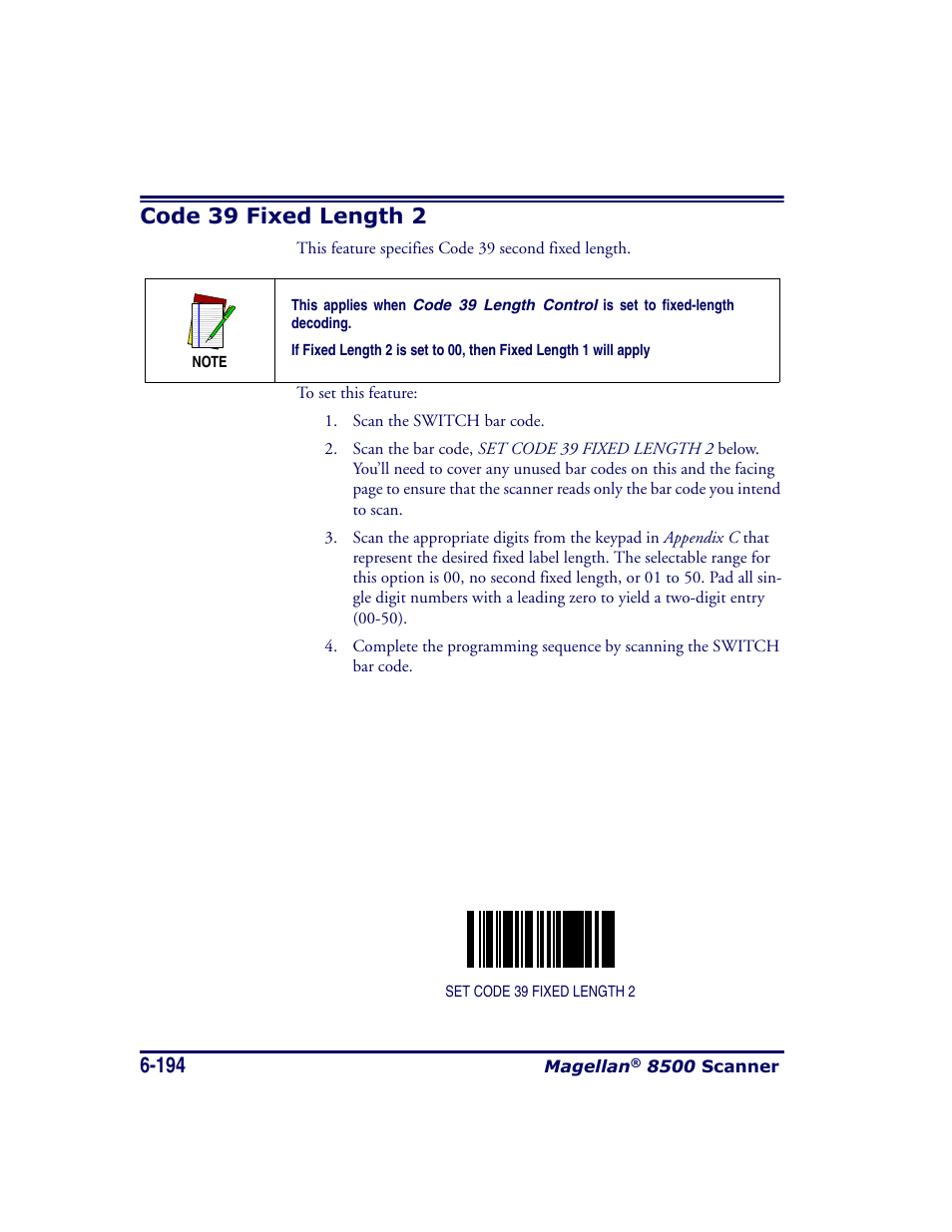 Code 39 fixed length 2, Code 39 fixed length 2 -194 | Datalogic Scanning MAGELLAN 8500 User Manual | Page 300 / 436