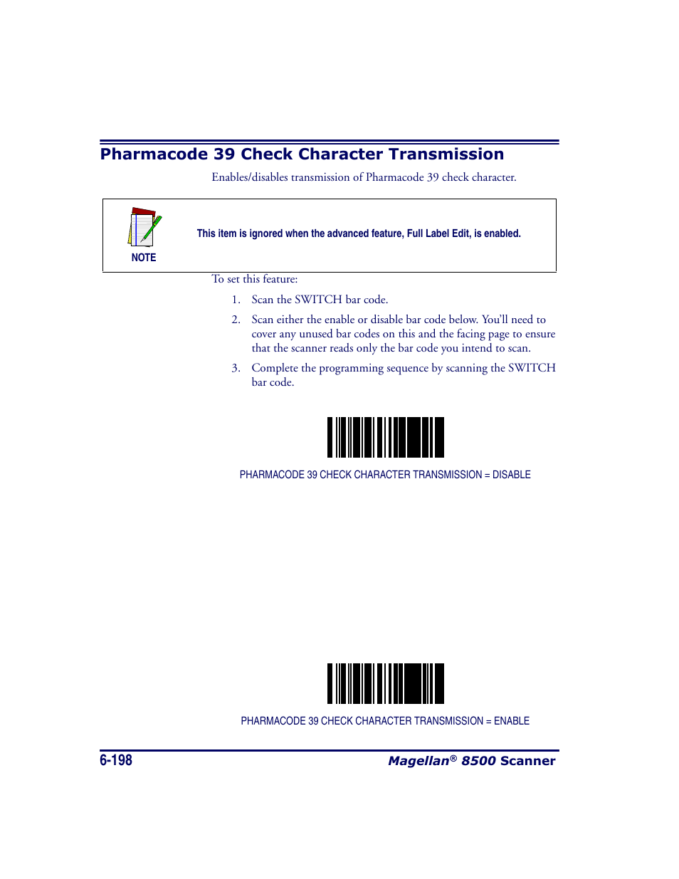 Pharmacode 39 check character transmission, Pharmacode 39 check character transmission -198 | Datalogic Scanning MAGELLAN 8500 User Manual | Page 304 / 436