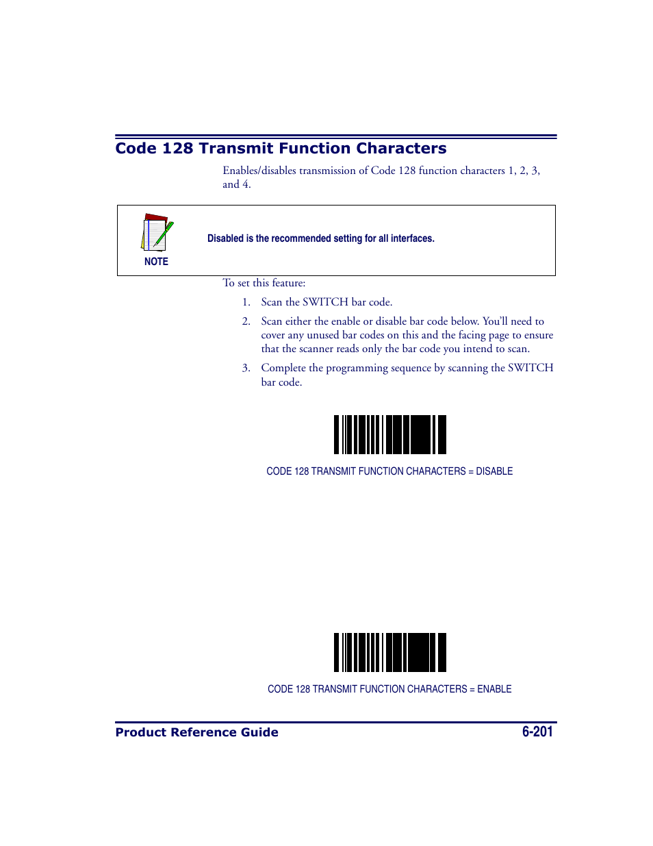 Code 128 transmit function characters, Code 128 transmit function characters -201 | Datalogic Scanning MAGELLAN 8500 User Manual | Page 307 / 436