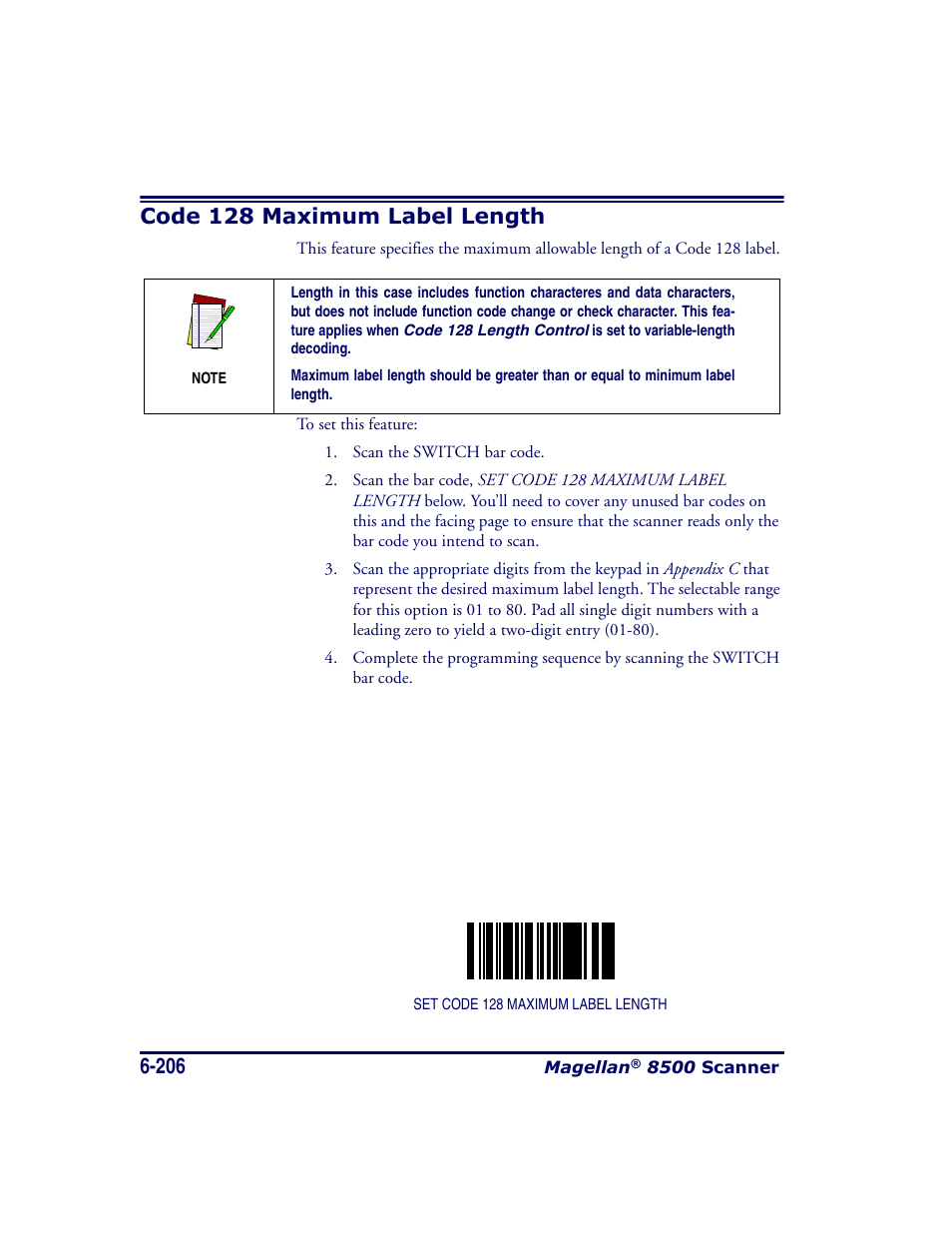 Code 128 maximum label length, Code 128 maximum label length -206 | Datalogic Scanning MAGELLAN 8500 User Manual | Page 312 / 436