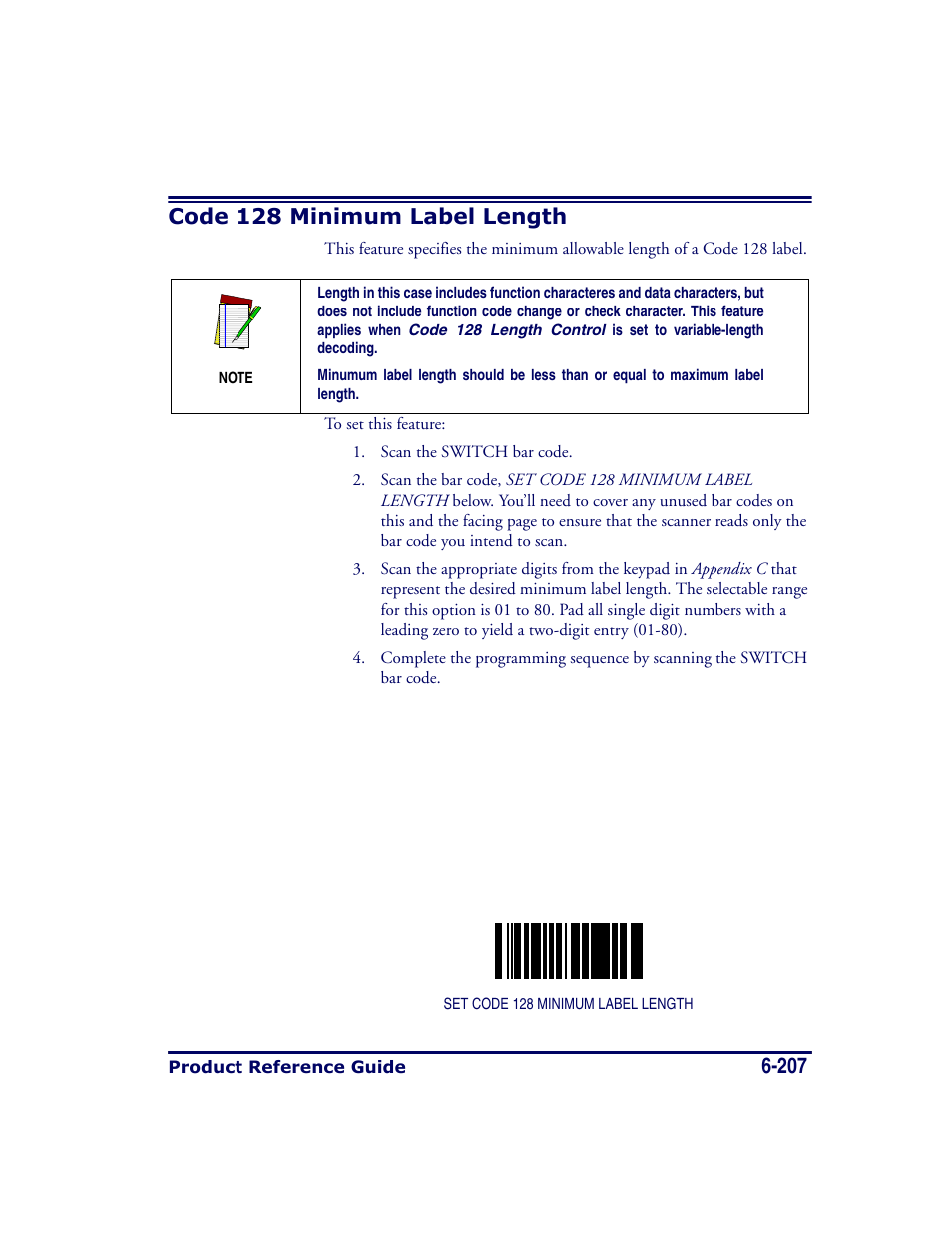 Code 128 minimum label length, Code 128 minimum label length -207, And code 128 minimum label length . if fix | Datalogic Scanning MAGELLAN 8500 User Manual | Page 313 / 436