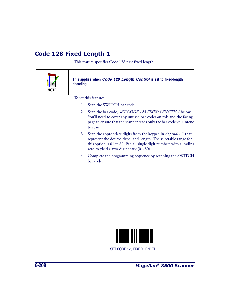 Code 128 fixed length 1, Code 128 fixed length 1 -208 | Datalogic Scanning MAGELLAN 8500 User Manual | Page 314 / 436