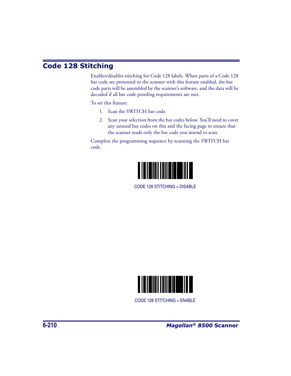 Code 128 stitching, Code 128 stitching -210 | Datalogic Scanning MAGELLAN 8500 User Manual | Page 316 / 436