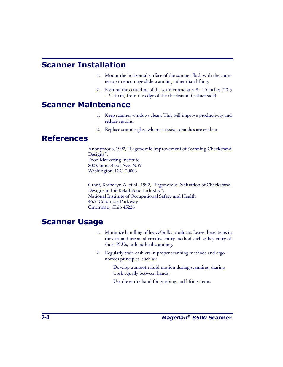 Scanner installation, Scanner maintenance, References | Scanner usage | Datalogic Scanning MAGELLAN 8500 User Manual | Page 32 / 436