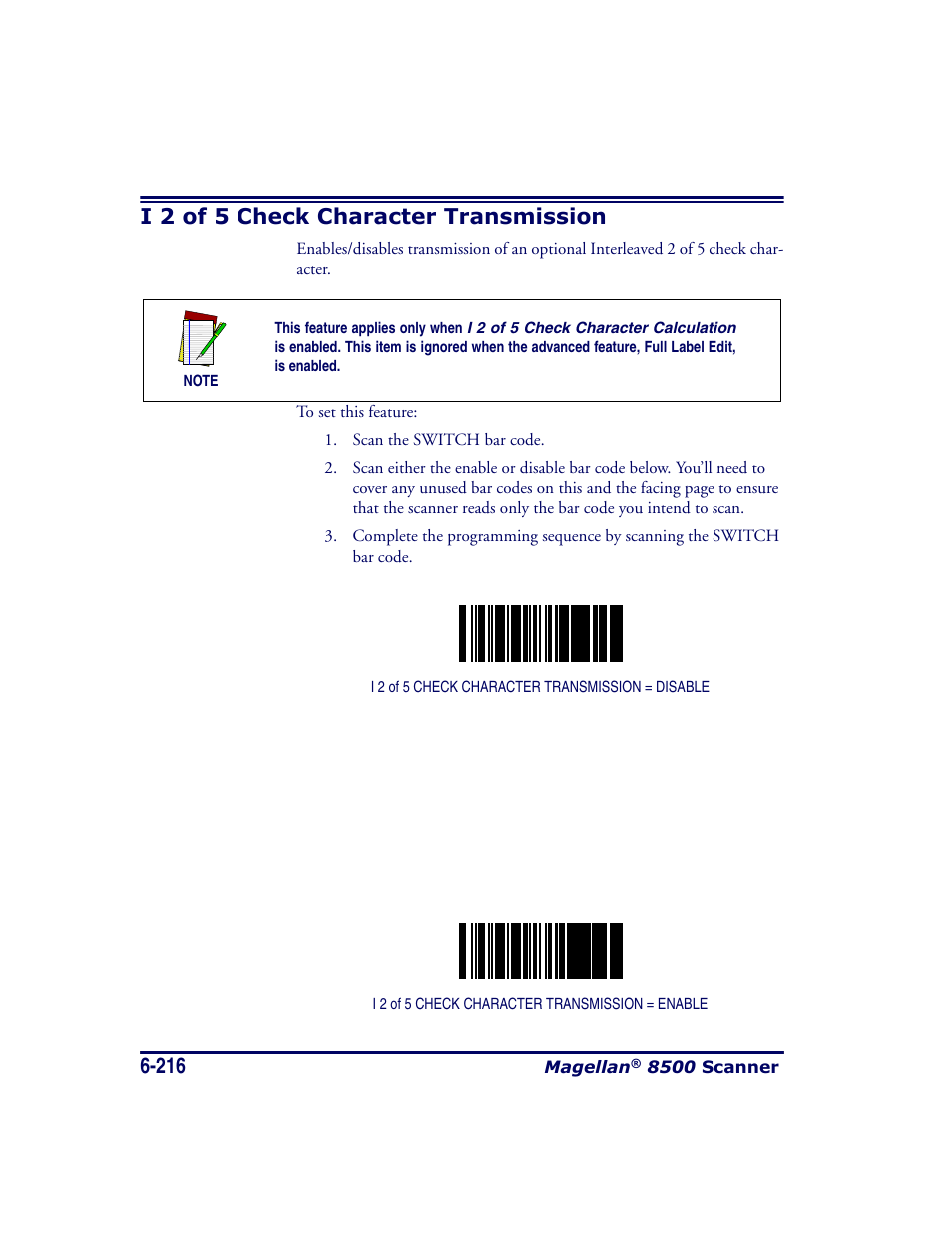 I 2 of 5 check character transmission, I 2 of 5 check character transmission -216 | Datalogic Scanning MAGELLAN 8500 User Manual | Page 322 / 436