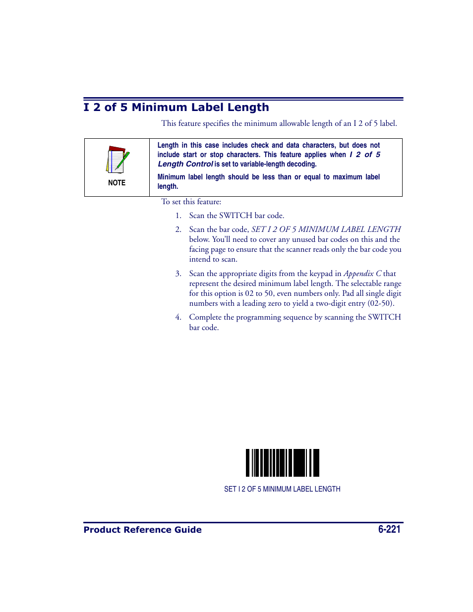 I 2 of 5 minimum label length, I 2 of 5 minimum label length -221 | Datalogic Scanning MAGELLAN 8500 User Manual | Page 327 / 436