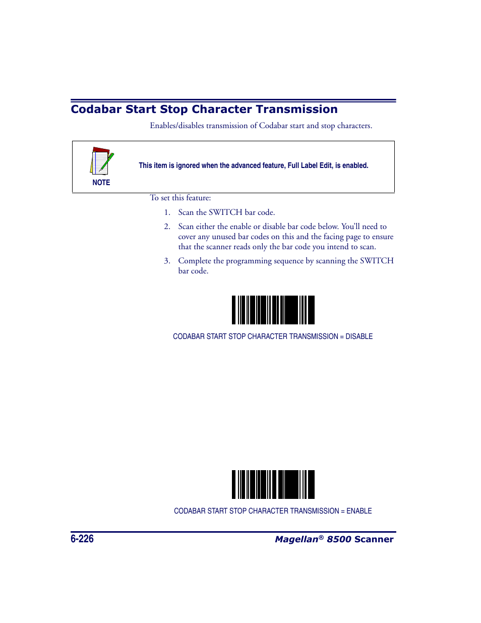 Codabar start stop character transmission, Codabar start stop character transmission -226 | Datalogic Scanning MAGELLAN 8500 User Manual | Page 332 / 436