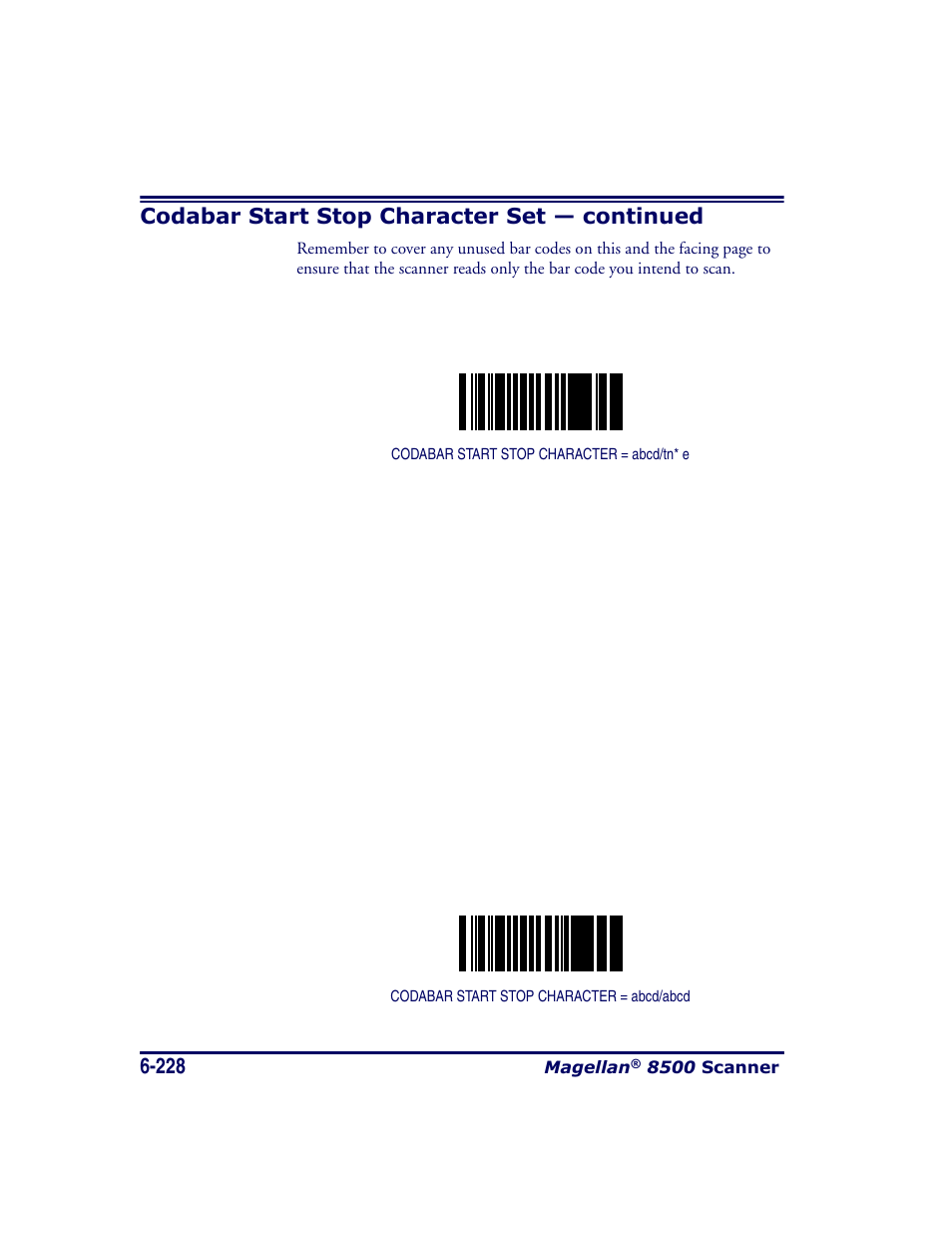 Codabar start stop character set — continued | Datalogic Scanning MAGELLAN 8500 User Manual | Page 334 / 436