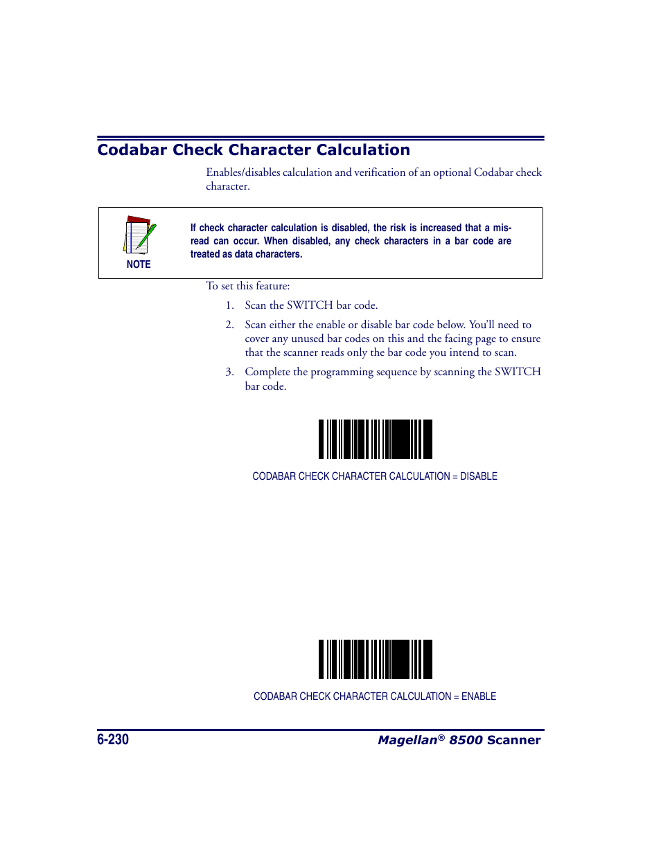 Codabar check character calculation, Codabar check character calculation -230 | Datalogic Scanning MAGELLAN 8500 User Manual | Page 336 / 436