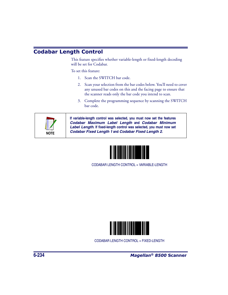 Codabar length control, Codabar length control -234 | Datalogic Scanning MAGELLAN 8500 User Manual | Page 340 / 436