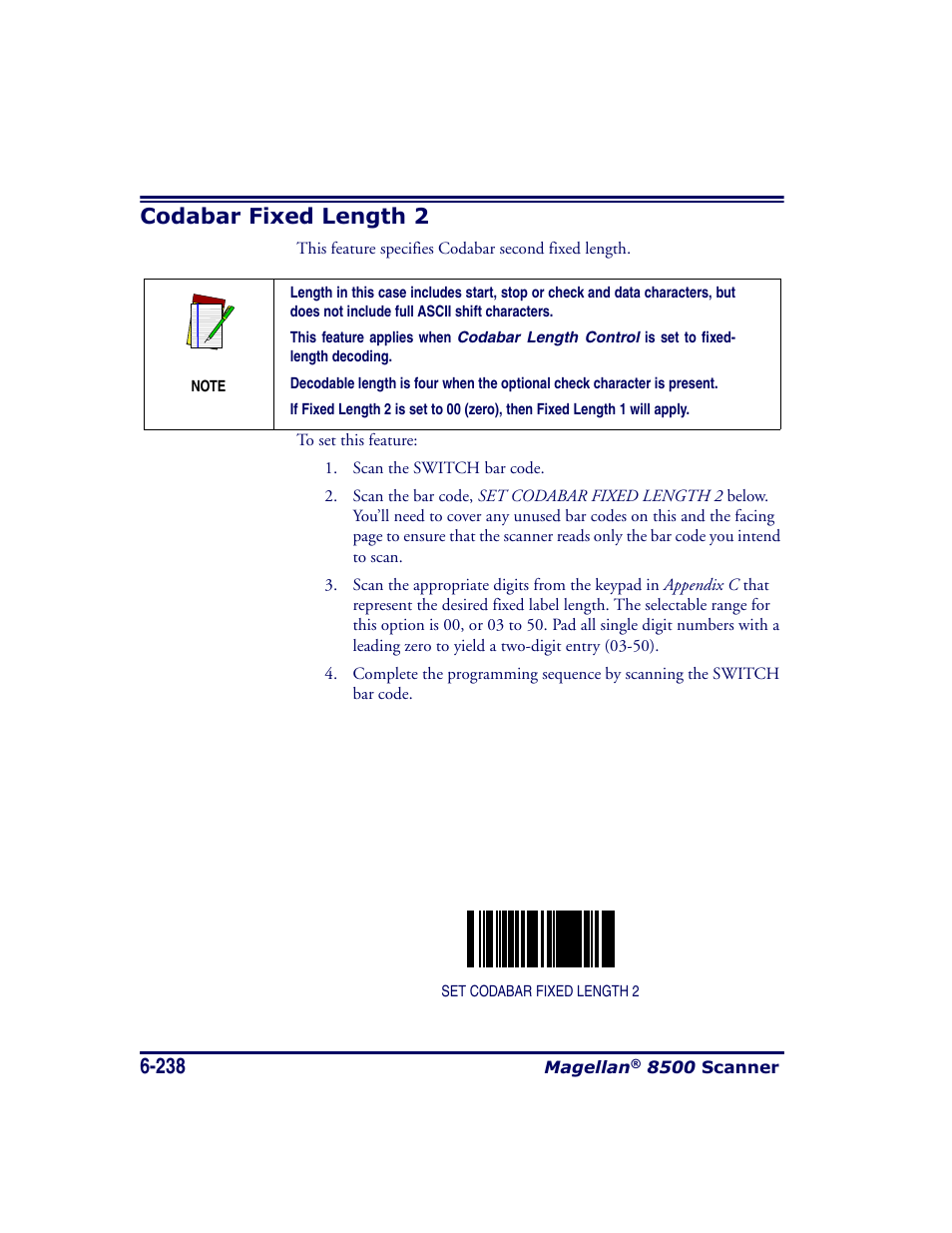 Codabar fixed length 2, Codabar fixed length 2 -238 | Datalogic Scanning MAGELLAN 8500 User Manual | Page 344 / 436