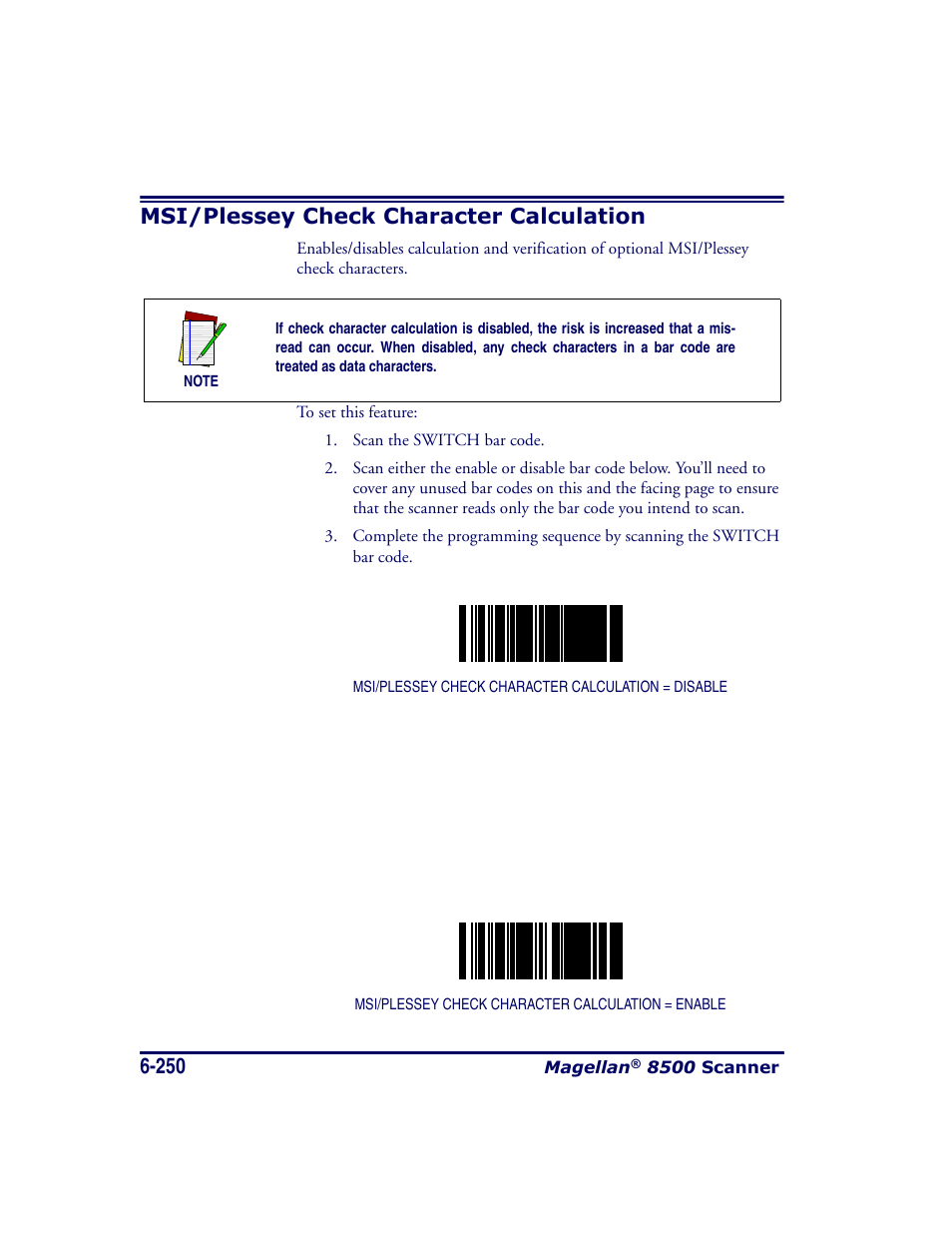 Msi/plessey check character calculation, Msi/plessey check character calculation -250 | Datalogic Scanning MAGELLAN 8500 User Manual | Page 356 / 436