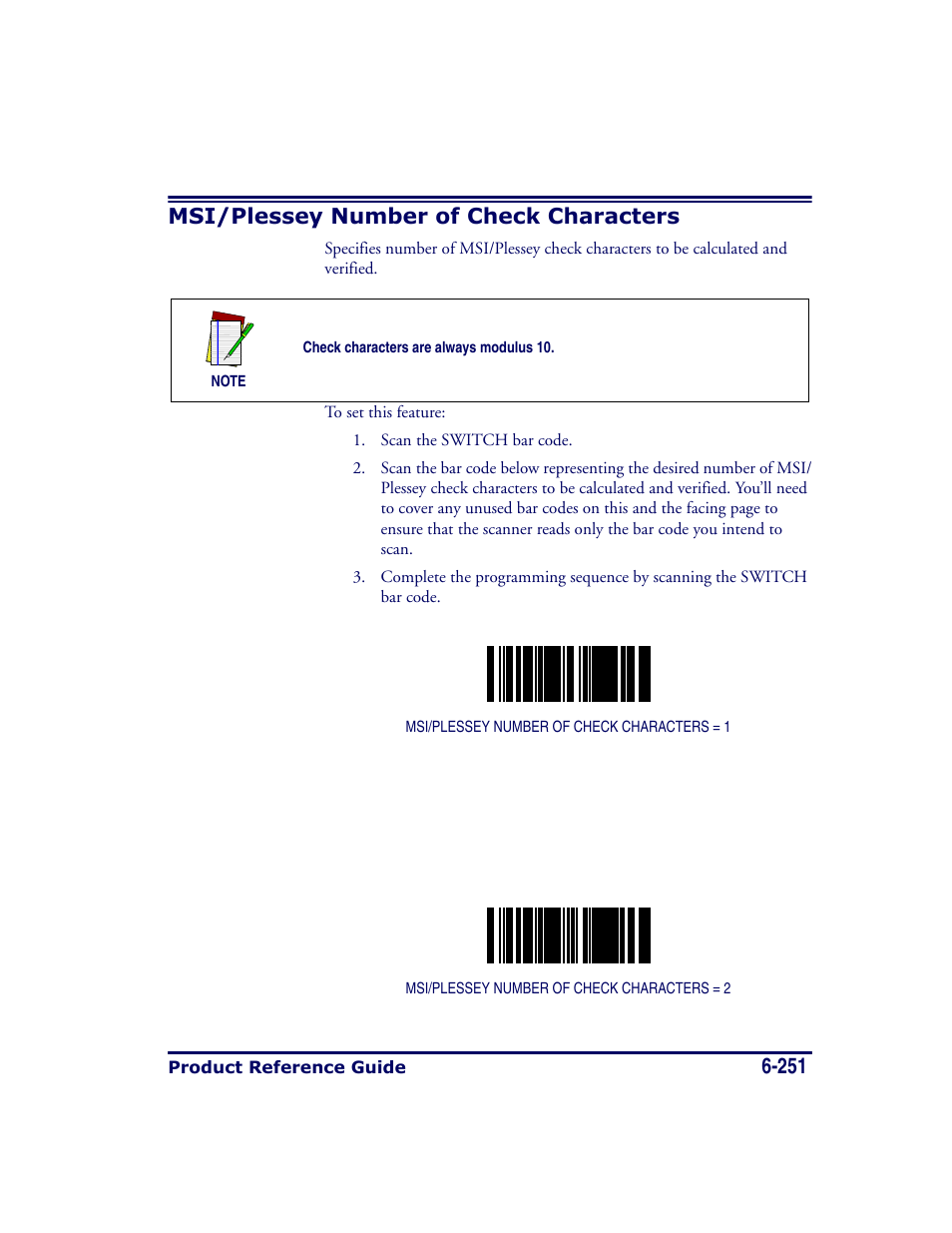 Msi/plessey number of check characters, Msi/plessey number of check characters -251, 251 msi/plessey number of check characters | Datalogic Scanning MAGELLAN 8500 User Manual | Page 357 / 436