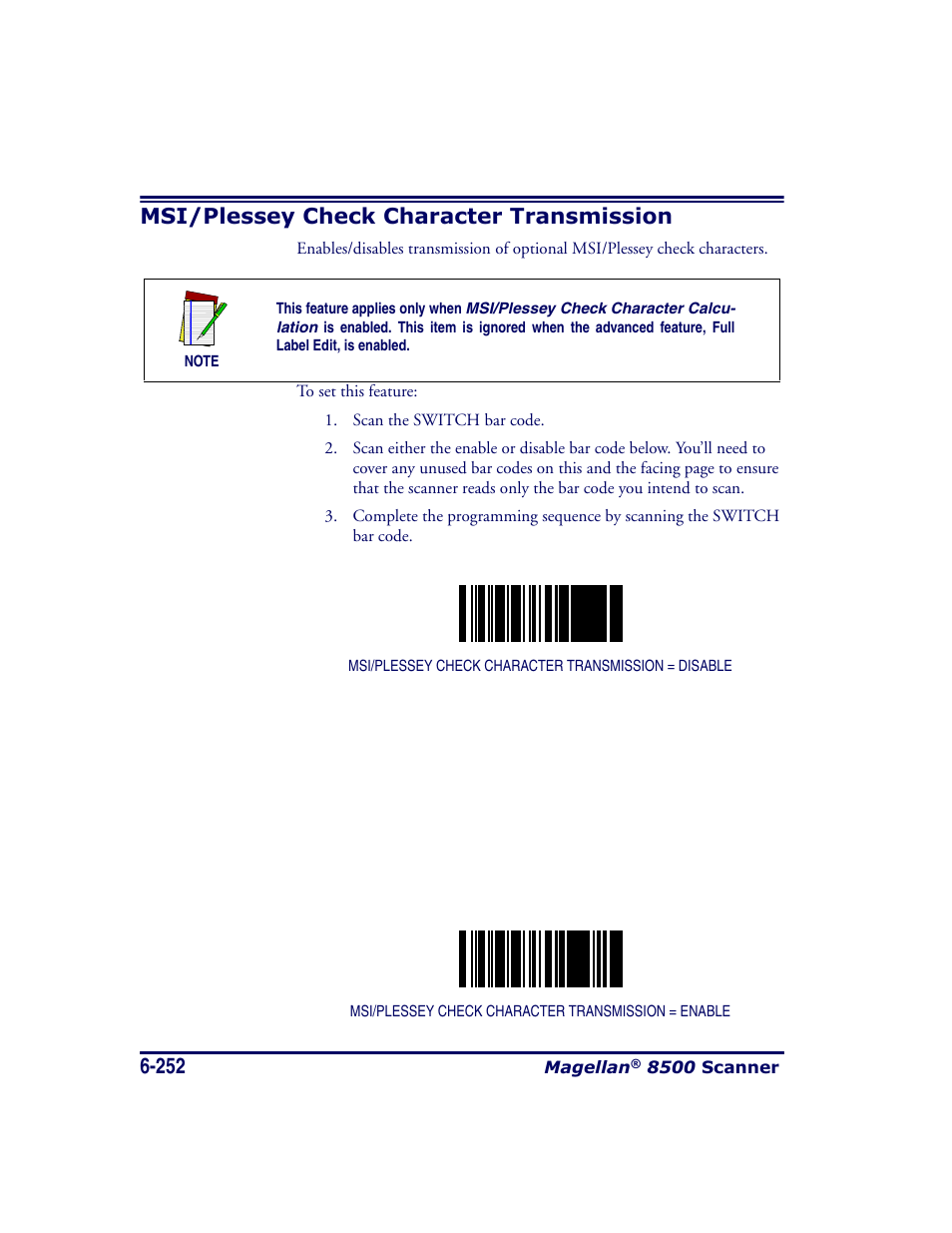 Msi/plessey check character transmission, Msi/plessey check character transmission -252 | Datalogic Scanning MAGELLAN 8500 User Manual | Page 358 / 436