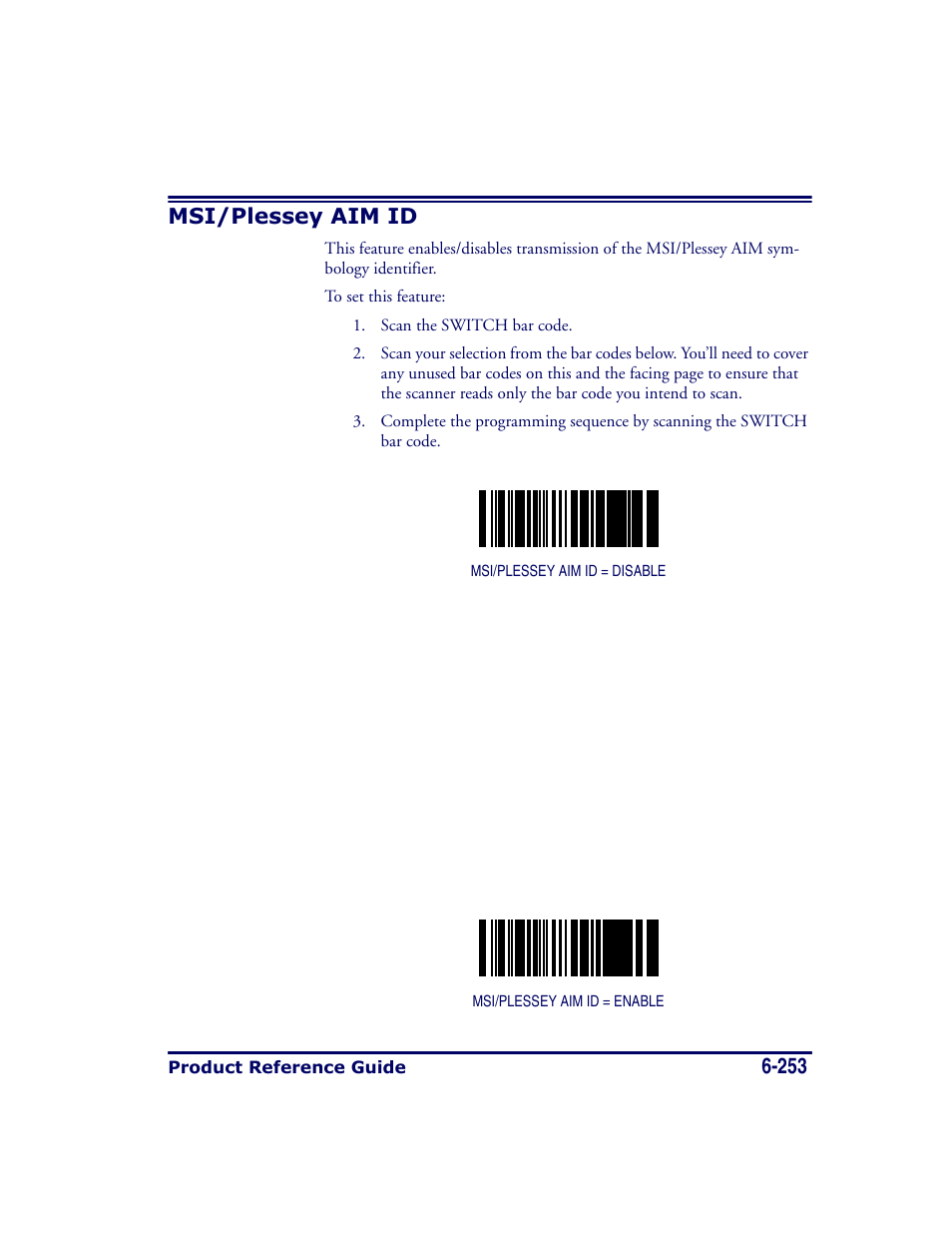 Msi/plessey aim id, Msi/plessey aim id -253, 253 msi/plessey aim id | Datalogic Scanning MAGELLAN 8500 User Manual | Page 359 / 436