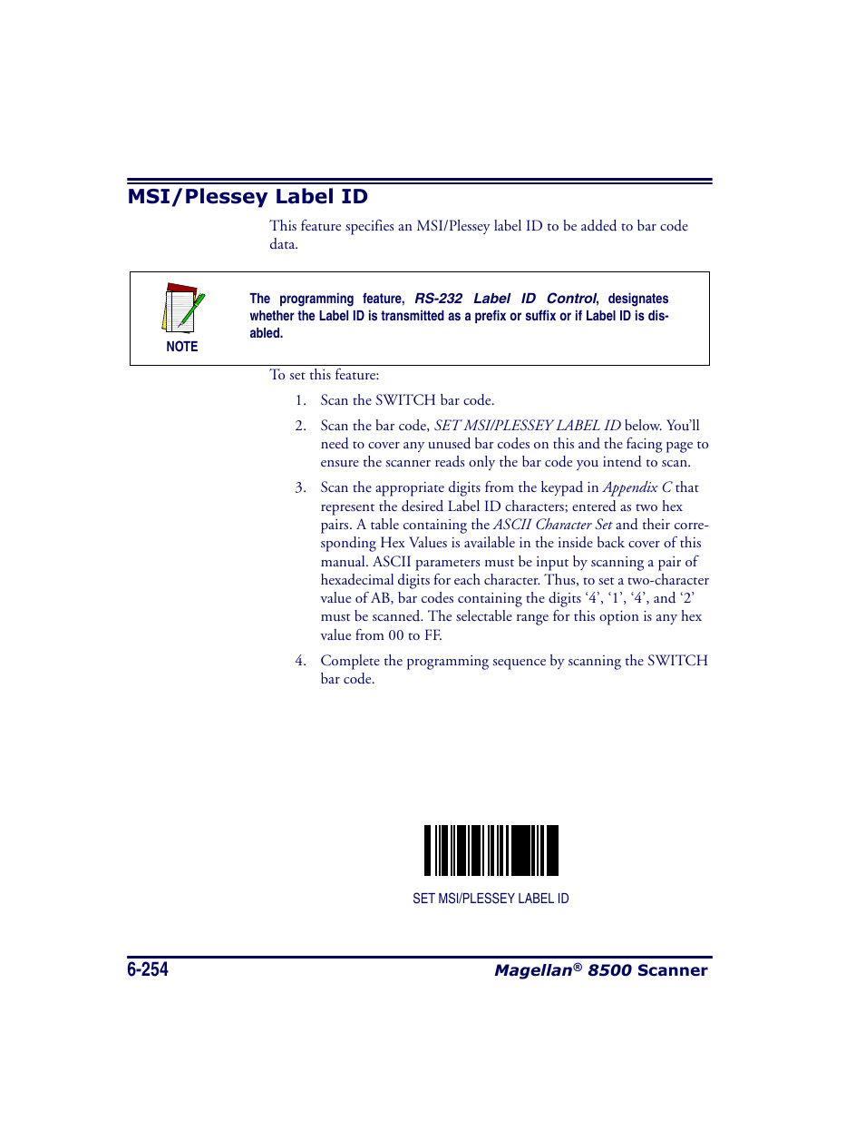 Msi/plessey label id, Msi/plessey label id -254 | Datalogic Scanning MAGELLAN 8500 User Manual | Page 360 / 436