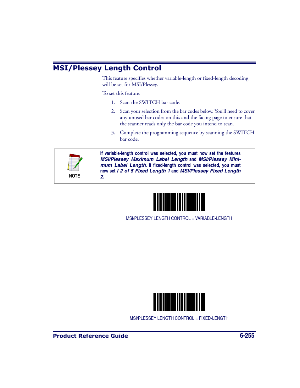 Msi/plessey length control, Msi/plessey length control -255, 255 msi/plessey length control | Datalogic Scanning MAGELLAN 8500 User Manual | Page 361 / 436