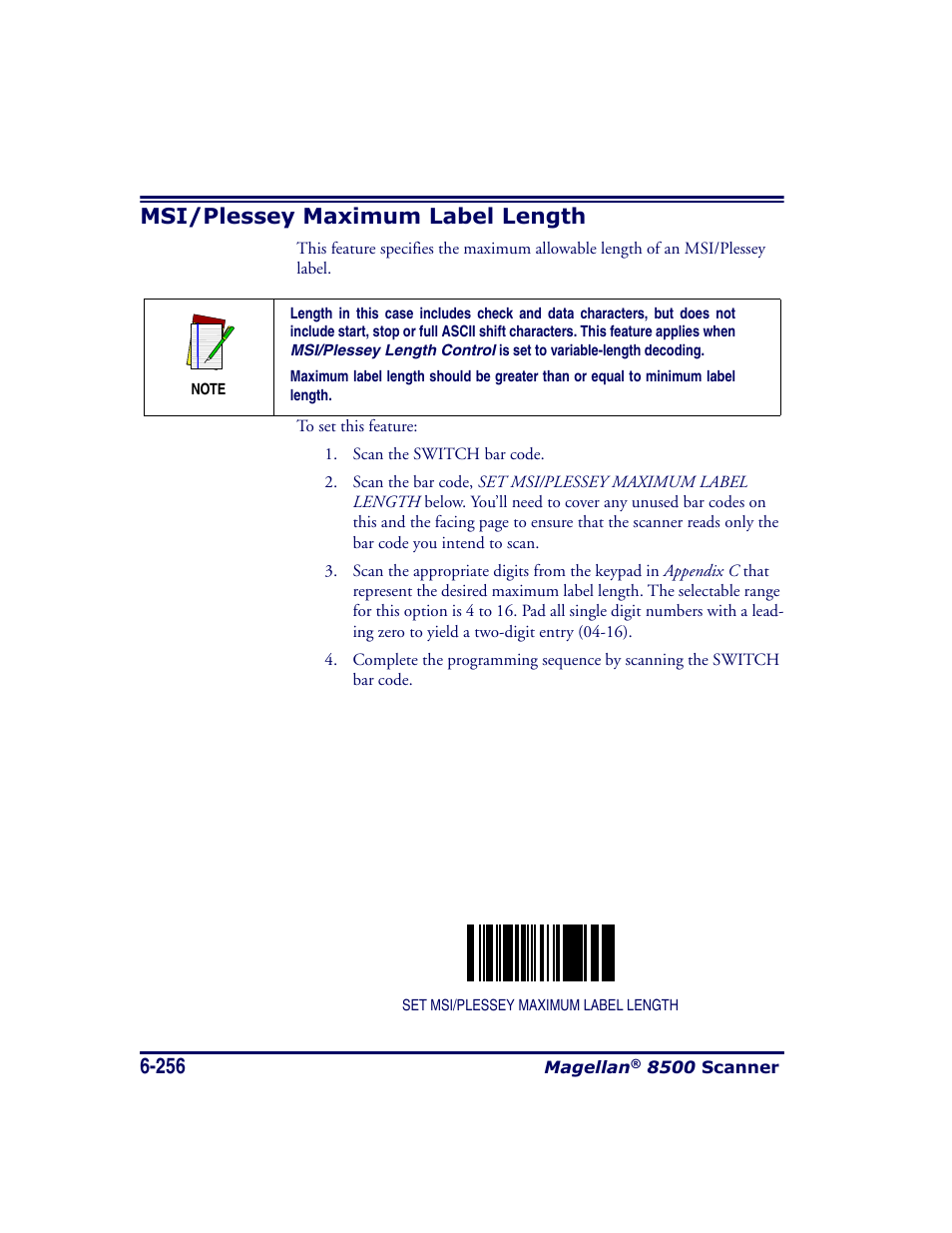 Msi/plessey maximum label length, Msi/plessey maximum label length -256 | Datalogic Scanning MAGELLAN 8500 User Manual | Page 362 / 436