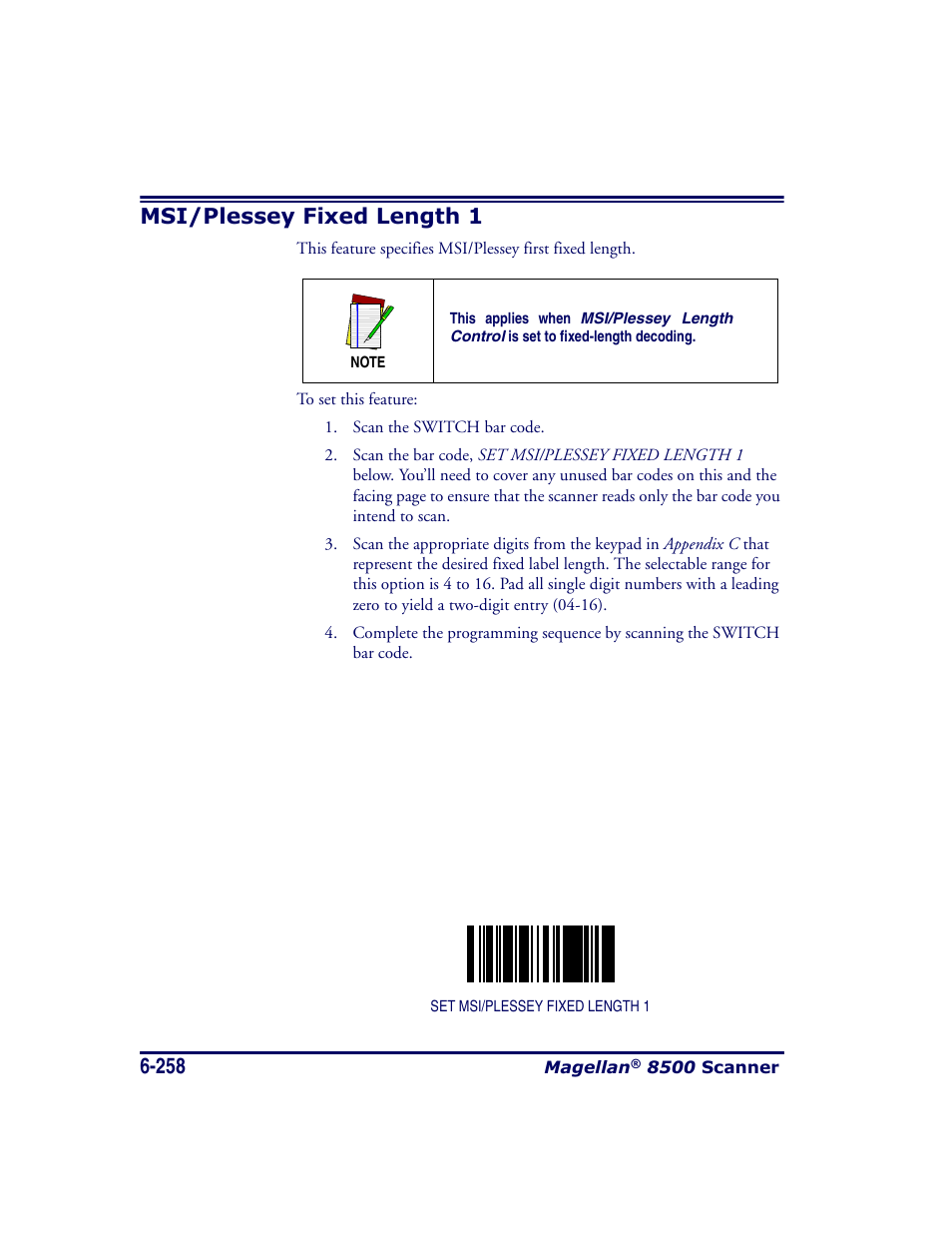 Msi/plessey fixed length 1, Msi/plessey fixed length 1 -258 | Datalogic Scanning MAGELLAN 8500 User Manual | Page 364 / 436