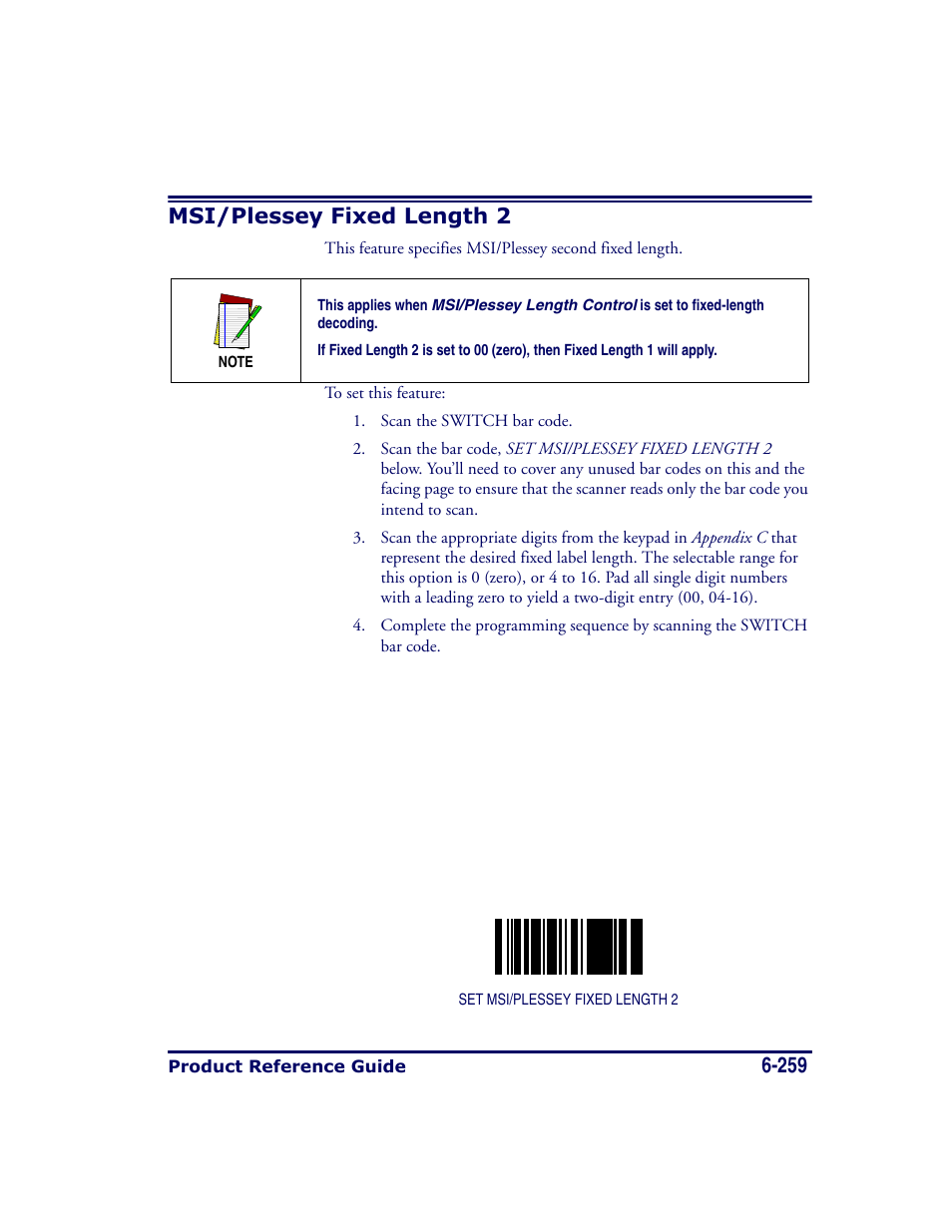 Msi/plessey fixed length 2, Msi/plessey fixed length 2 -259, 259 msi/plessey fixed length 2 | Datalogic Scanning MAGELLAN 8500 User Manual | Page 365 / 436