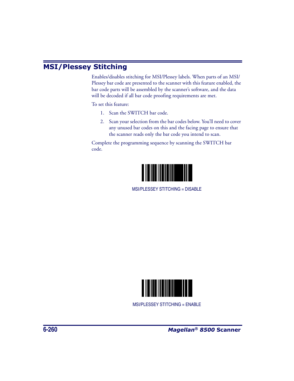 Msi/plessey stitching, Msi/plessey stitching -260 | Datalogic Scanning MAGELLAN 8500 User Manual | Page 366 / 436