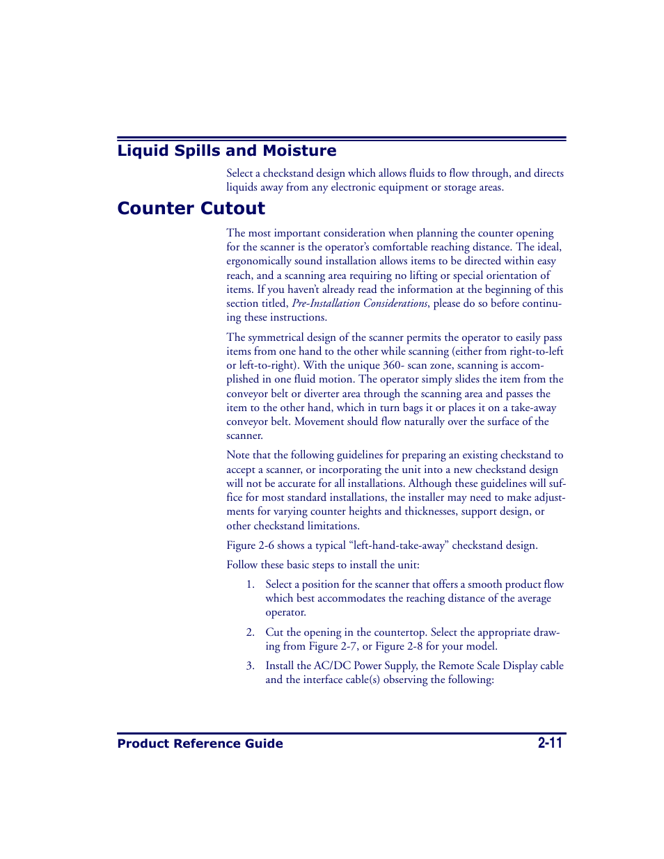 Liquid spills and moisture, Counter cutout, Liquid spills and moisture -11 | Counter cutout -11 | Datalogic Scanning MAGELLAN 8500 User Manual | Page 39 / 436