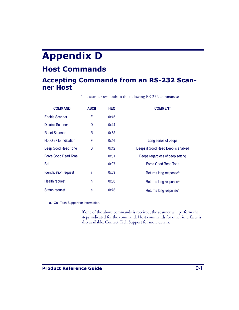 Host commands, Appendix d, Host commands , contains a par | Accepting commands from an rs-232 scan- ner host | Datalogic Scanning MAGELLAN 8500 User Manual | Page 401 / 436