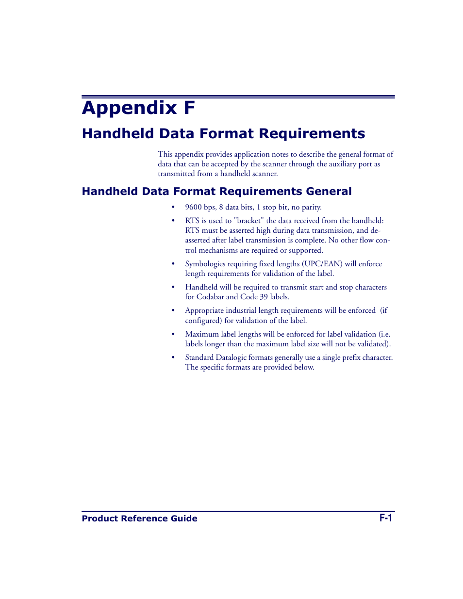Handheld data format requirements, Handheld data format requirements general, Appendix f | Datalogic Scanning MAGELLAN 8500 User Manual | Page 417 / 436