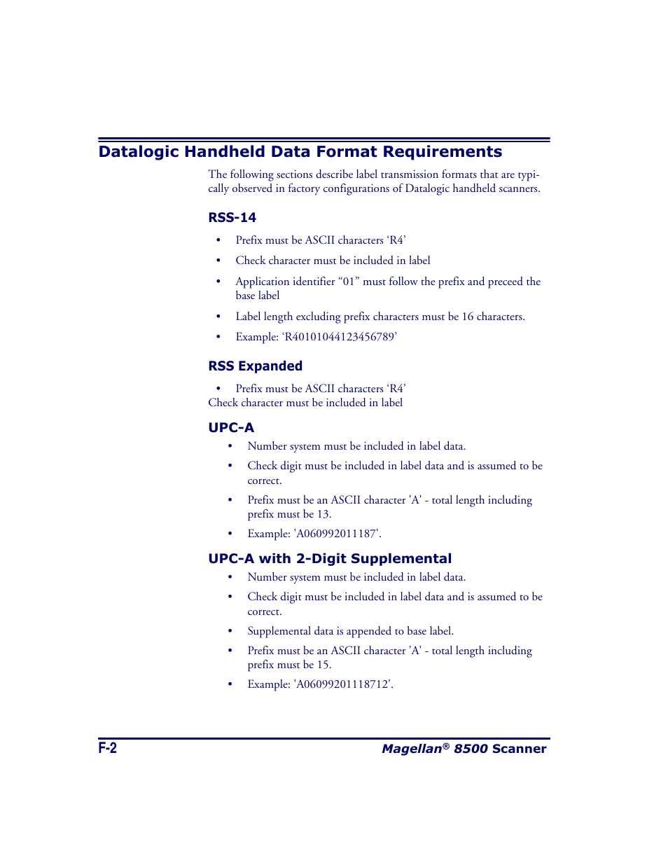 Datalogic handheld data format requirements, Rss-14, Rss expanded | Upc-a, Upc-a with 2-digit supplemental | Datalogic Scanning MAGELLAN 8500 User Manual | Page 418 / 436