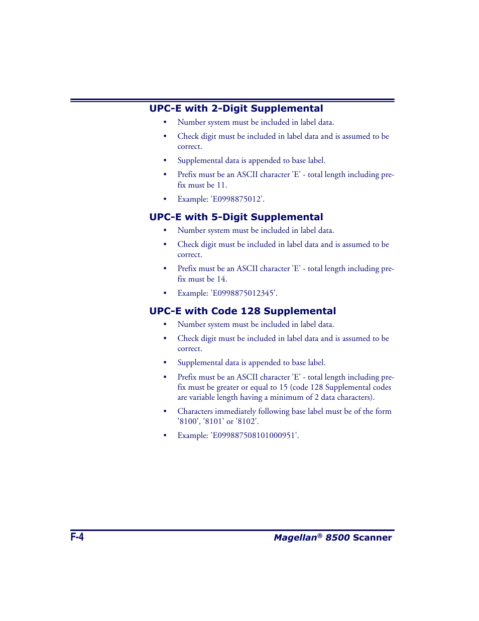 Upc-e with 2-digit supplemental, Upc-e with 5-digit supplemental, Upc-e with code 128 supplemental | Datalogic Scanning MAGELLAN 8500 User Manual | Page 420 / 436