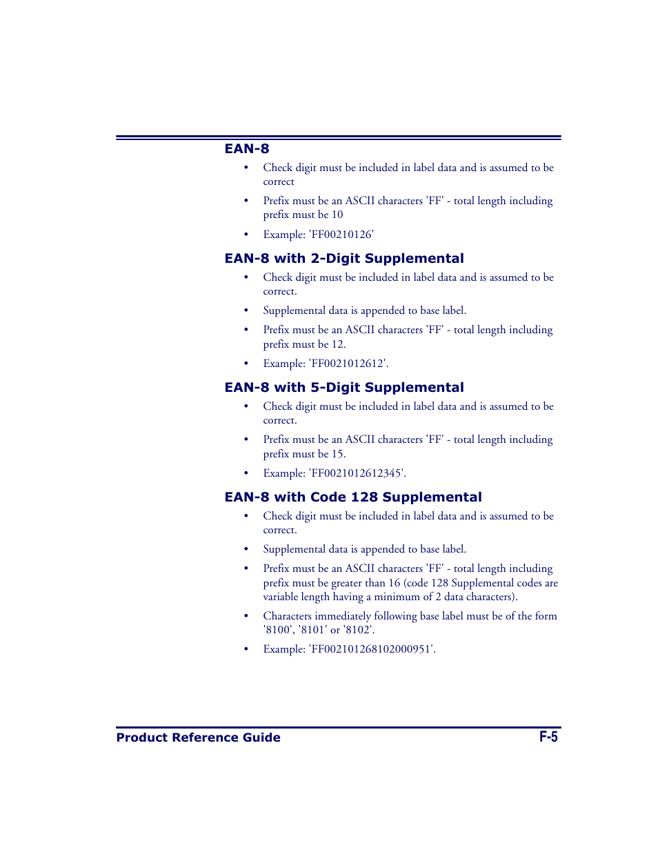Ean-8, Ean-8 with 2-digit supplemental, Ean-8 with 5-digit supplemental | Ean-8 with code 128 supplemental | Datalogic Scanning MAGELLAN 8500 User Manual | Page 421 / 436
