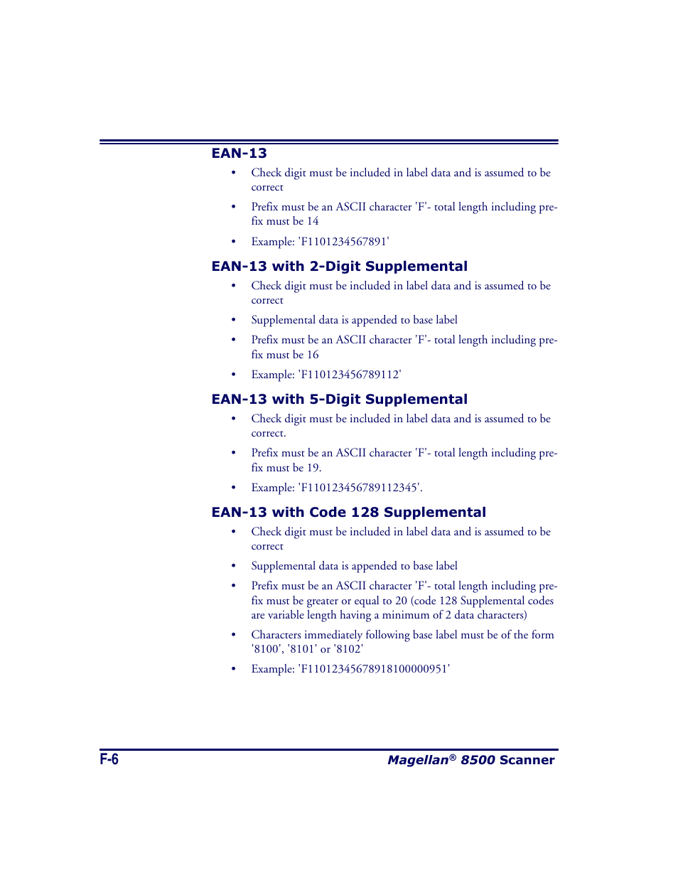 Ean-13, Ean-13 with 2-digit supplemental, Ean-13 with 5-digit supplemental | Ean-13 with code 128 supplemental | Datalogic Scanning MAGELLAN 8500 User Manual | Page 422 / 436