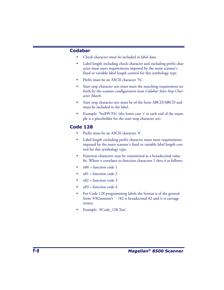 Codabar, Code 128 | Datalogic Scanning MAGELLAN 8500 User Manual | Page 424 / 436