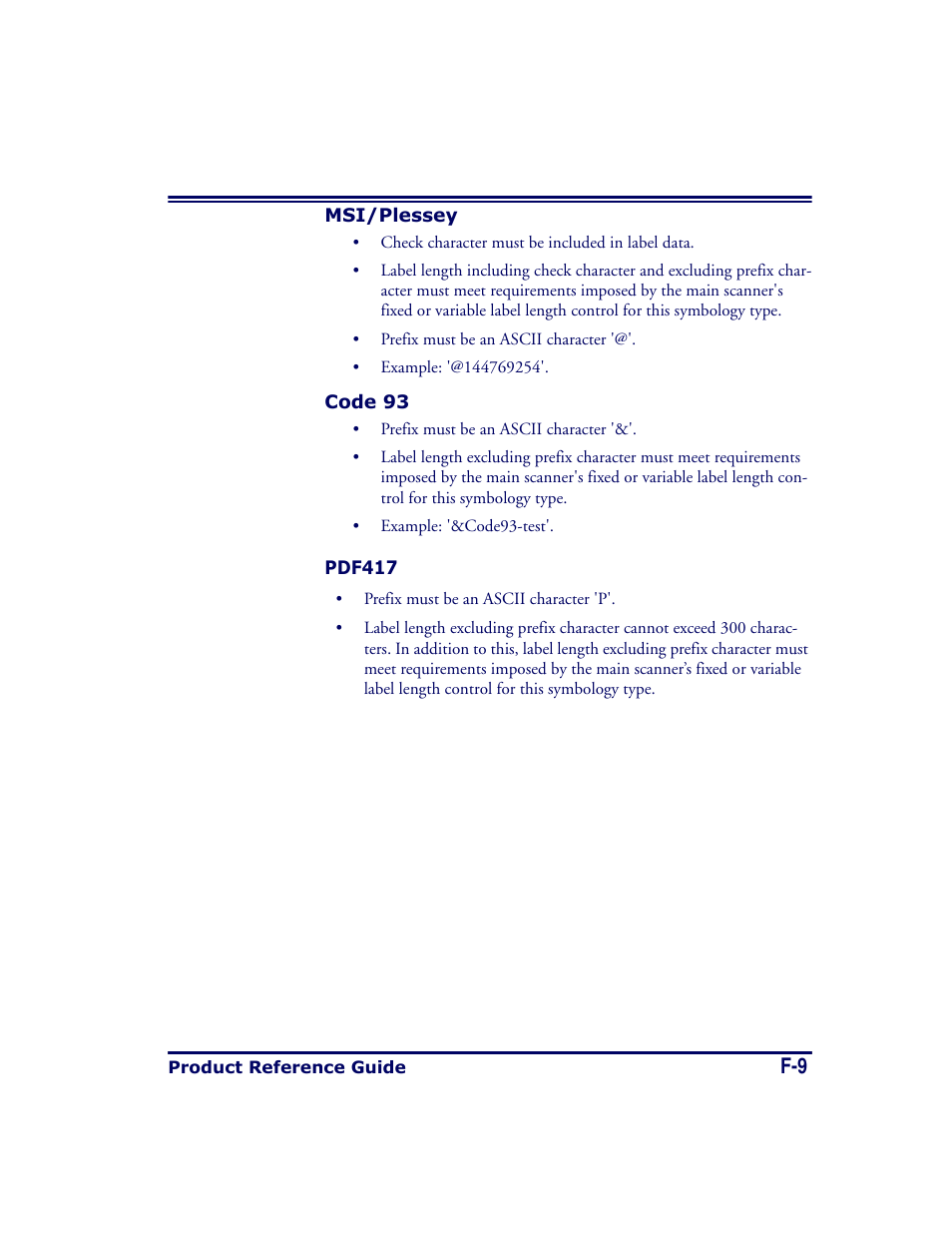 Msi/plessey, Code 93, Pdf417 | Datalogic Scanning MAGELLAN 8500 User Manual | Page 425 / 436