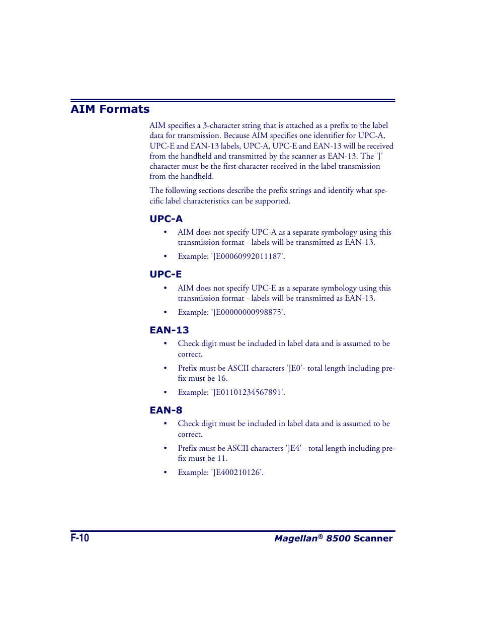 Aim formats, Upc-a, Upc-e | Ean-13, Ean-8, F-10 | Datalogic Scanning MAGELLAN 8500 User Manual | Page 426 / 436