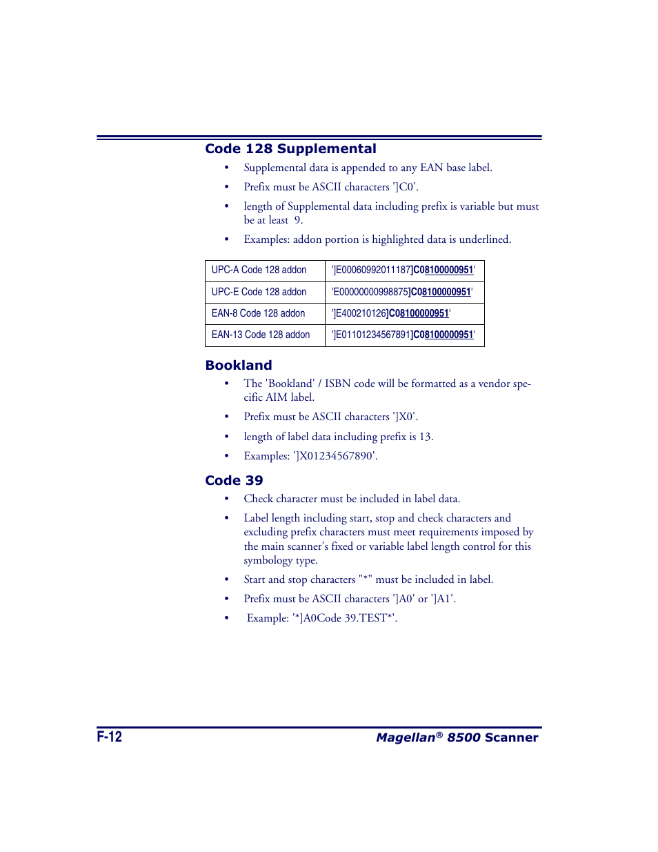 Code 128 supplemental, Bookland, Code 39 | F-12 | Datalogic Scanning MAGELLAN 8500 User Manual | Page 428 / 436