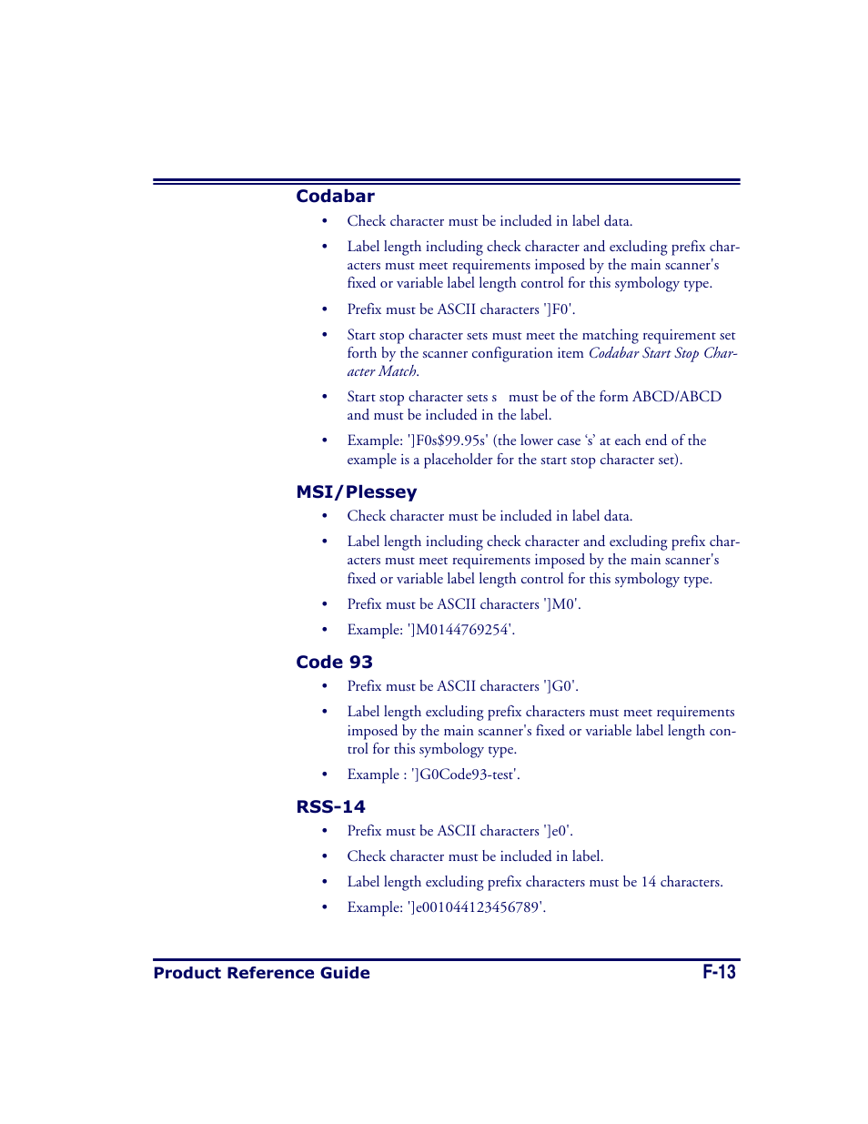 Codabar, Msi/plessey, Code 93 | Rss-14, F-13 | Datalogic Scanning MAGELLAN 8500 User Manual | Page 429 / 436